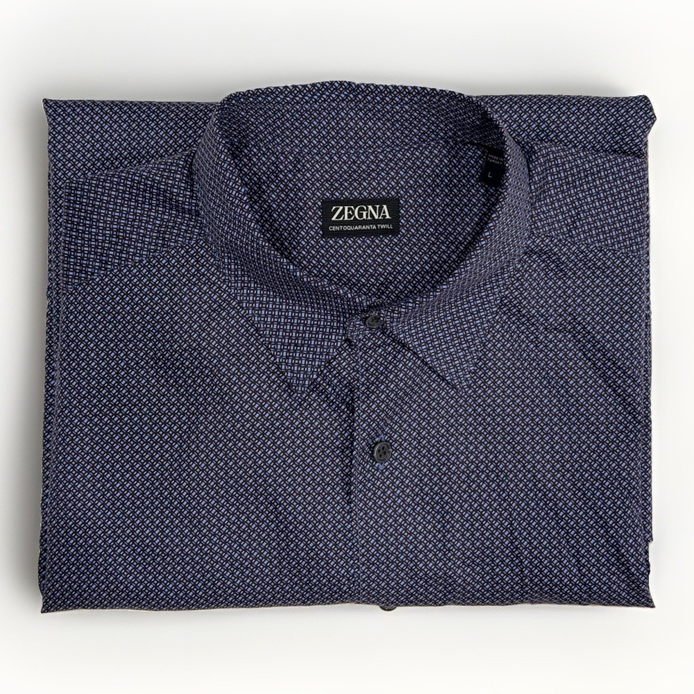 Zegna Centoquaranta Twill Button Up Shirt Mini Geometric Print Blue Men's Large